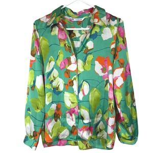 ZARA Green Floral Blouse Womens Medium Feminine Spring Button Down Work Top